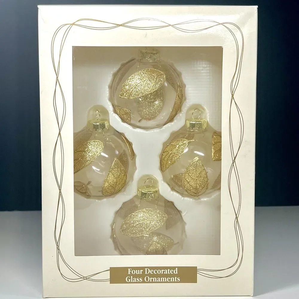 Vintage 2001 Gold Leaf Decorated Glass Ornaments Round Target Original Box Set 4